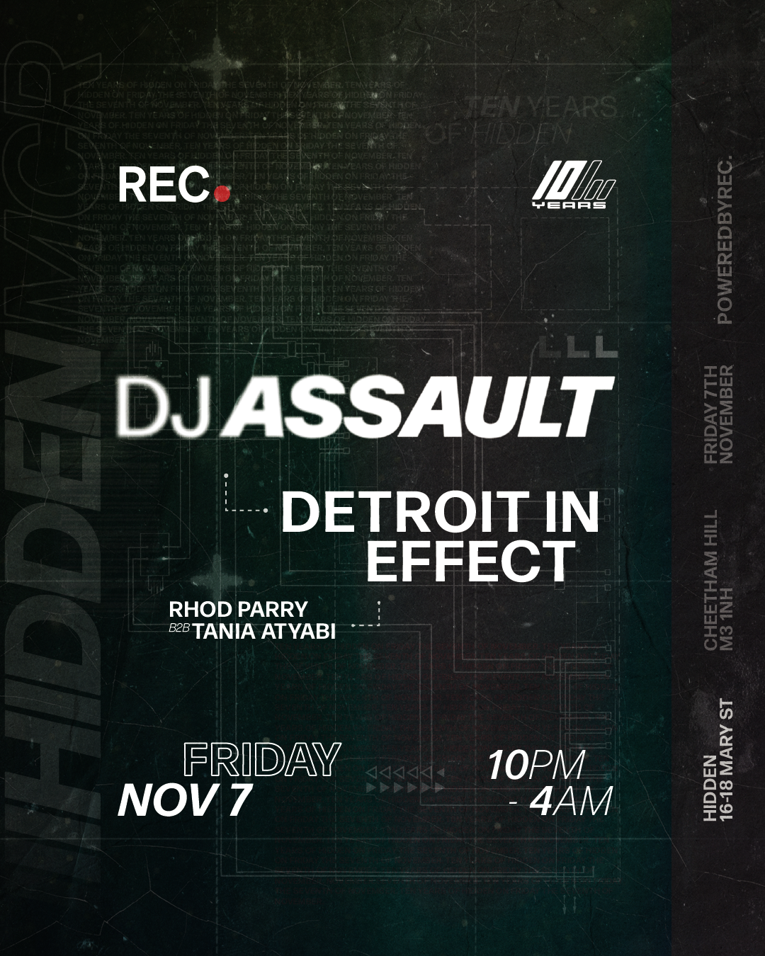 10 Years of Hidden x REC. w/ DJ Assault & Detroit In Effect